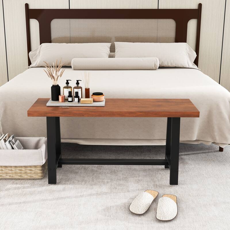 Walnut and Black Entryway Bench with Thick MDF Seat and Metal Frame for Living Room or Foyer