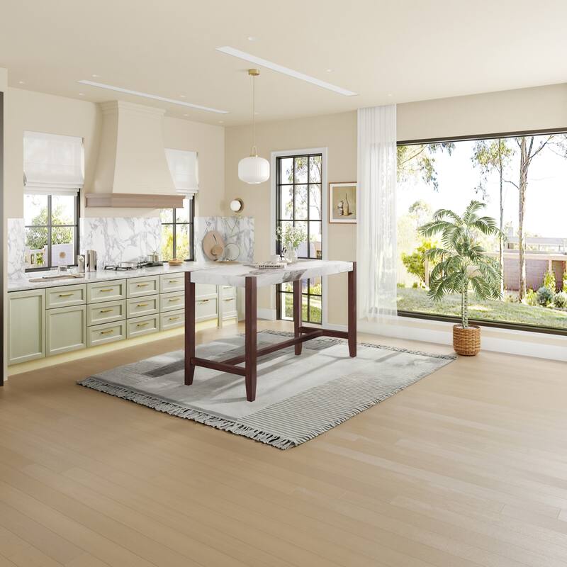 Roomfitters 47.5" Counter Height Dining Table, Faux Marble Bar Table with Rubberwood Legs, Modern Tall Kitchen Table, White