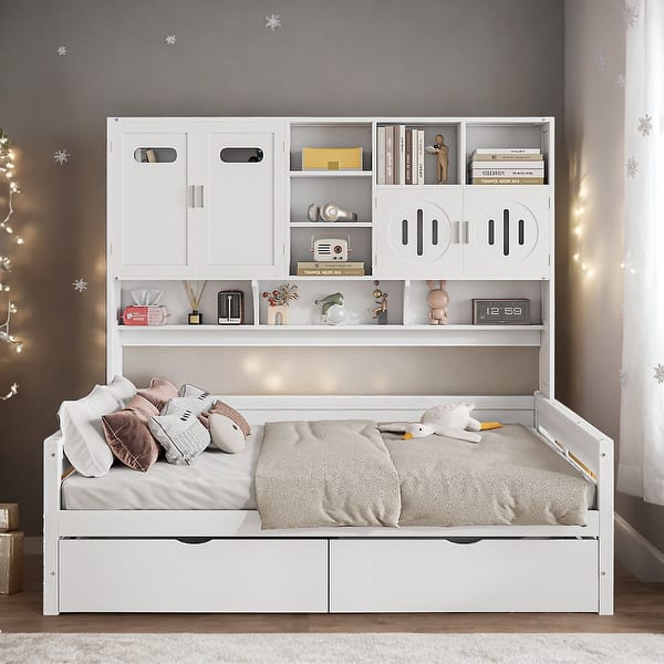 slide 2 of 11, White Wooden Full Size Kids Bed Daybed, All-in-One Cabinet Bed with 2 Drawers White