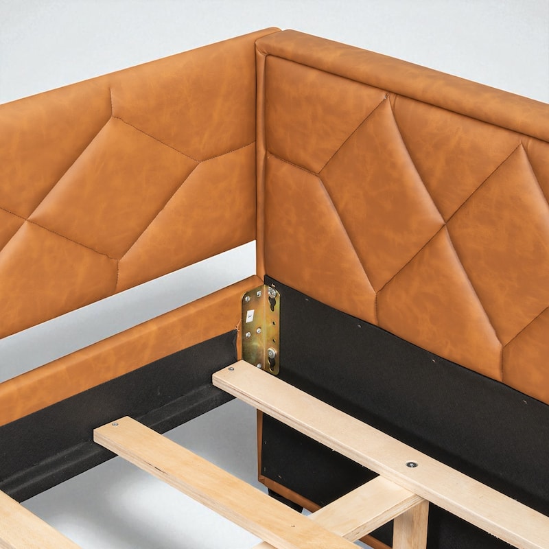 Full XL Upholstered Daybed with Trundle and LED Armrests, PU Leather Sofa Bed with Pull-Out Guest Bed