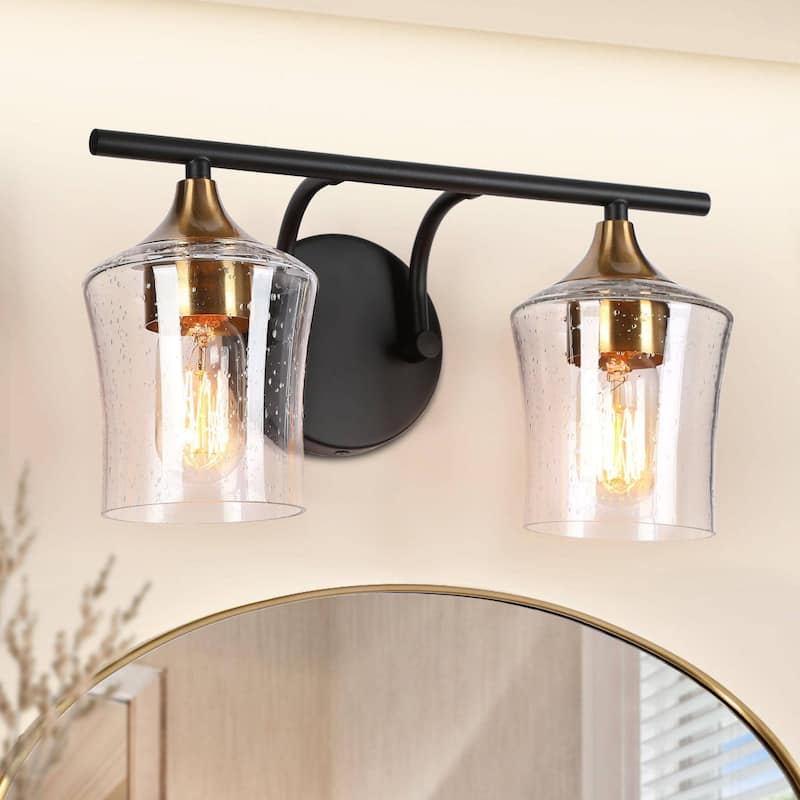 Modern Black Gold 2/3/4-Light Linear Bathroom Vanity Lights with Seeded Glass - 2-Light