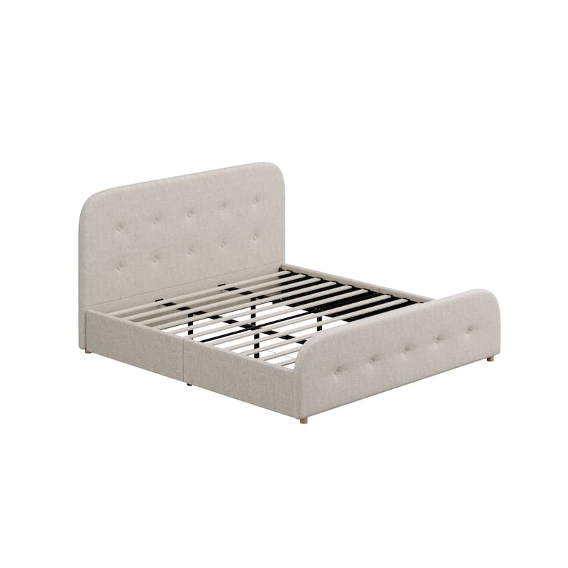 King Size Beige Linen Upholstered Platform Bed Tall Tufted Headboard & High Footboard Minimalist Storage Bed Frame w/Drawers
