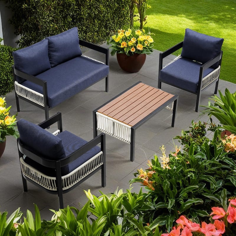 4-Piece Outdoor Iron Cnversation Sofa Set with Coffee Table, Rattan Decoration - Dark Blue