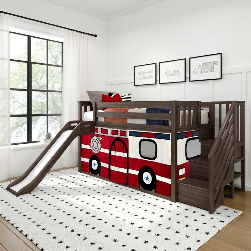 Max and Lily Classic Low Bunk with Stairs, Easy Slide and Curtain - Clay