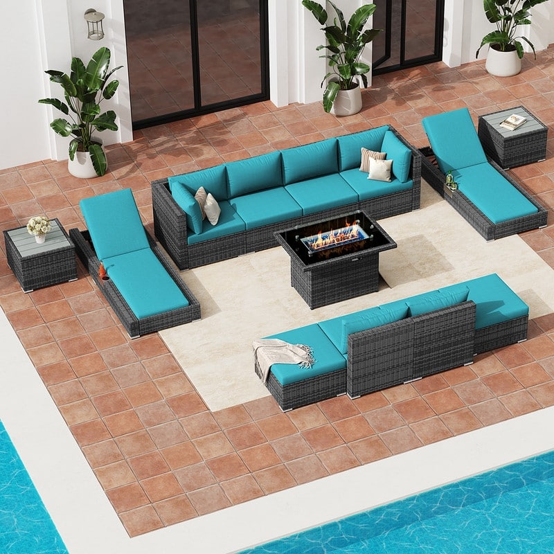 FINCATI 13 Pcs Patio Outdoor Wicker Furniture Sectional Sofa Set with Lounge Chair - 13 Pieces - Teal