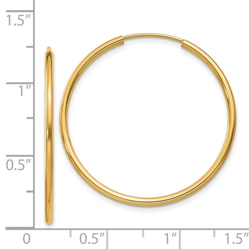 Curata 14k Yellow Gold tube 1.5mm Polished Round Endless Hoop Earrings Jewelry Gifts for Women