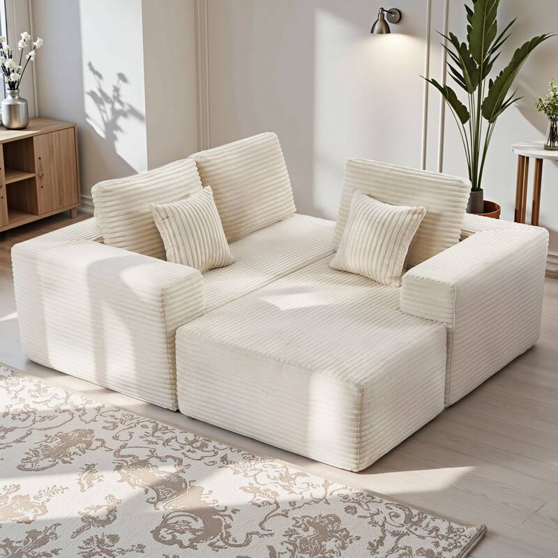 Meyreso No Assembly Required Long Plush L-Shaped Sectional Sofa with Round Nesting Coffee Tables