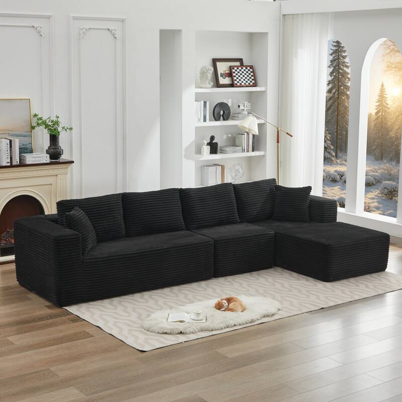 106" L-Shape Sectional Couch with Right Chaise, Deep Seat Modern Sofa, Black Corduroy, No Assembly