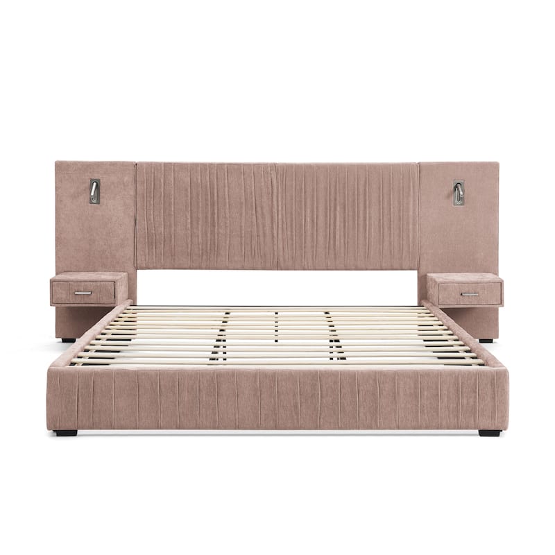 Chenille Upholstered Pleated Platform Bed Frame Wingback Headboard with Side Tables and Adjustable Lamps