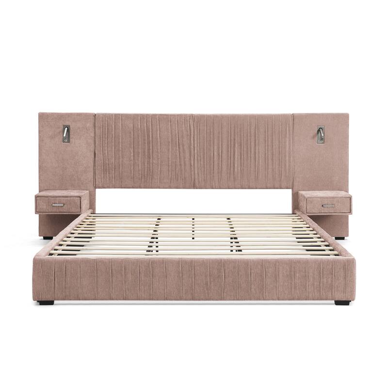 Roomfitters King Upholstered Chenille Platform Bed with Pleated Headboard and Built-In Bedside Tables, Solid Frame