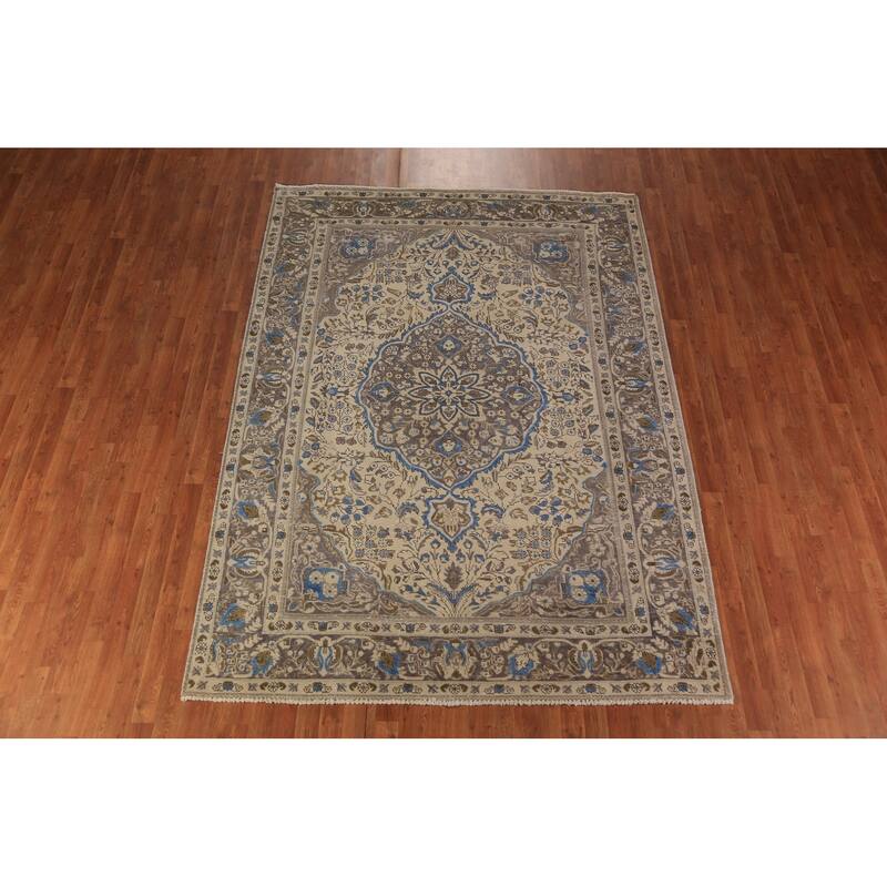 Floral Tabriz Persian Area Rug Beige Hand-Knotted Wool Carpet - 6'8"x 9'6"