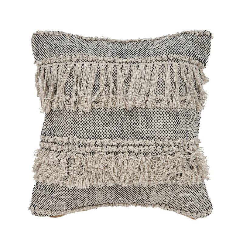 Handwoven Textured Stripe Square Throw Pillow with Fringe - 20" - Beige and Black