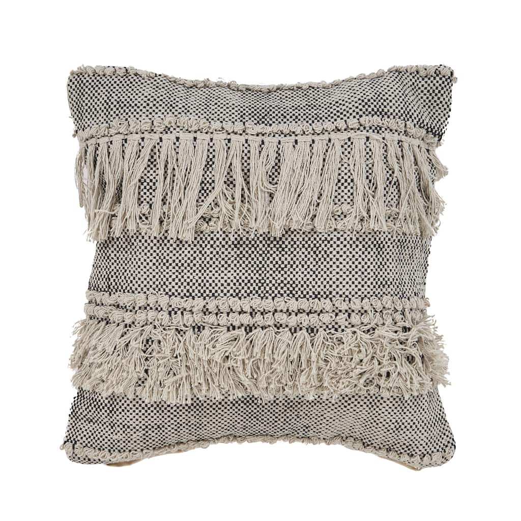 Handwoven Textured Stripe Square Throw Pillow with Fringe - 20" - Beige and Black