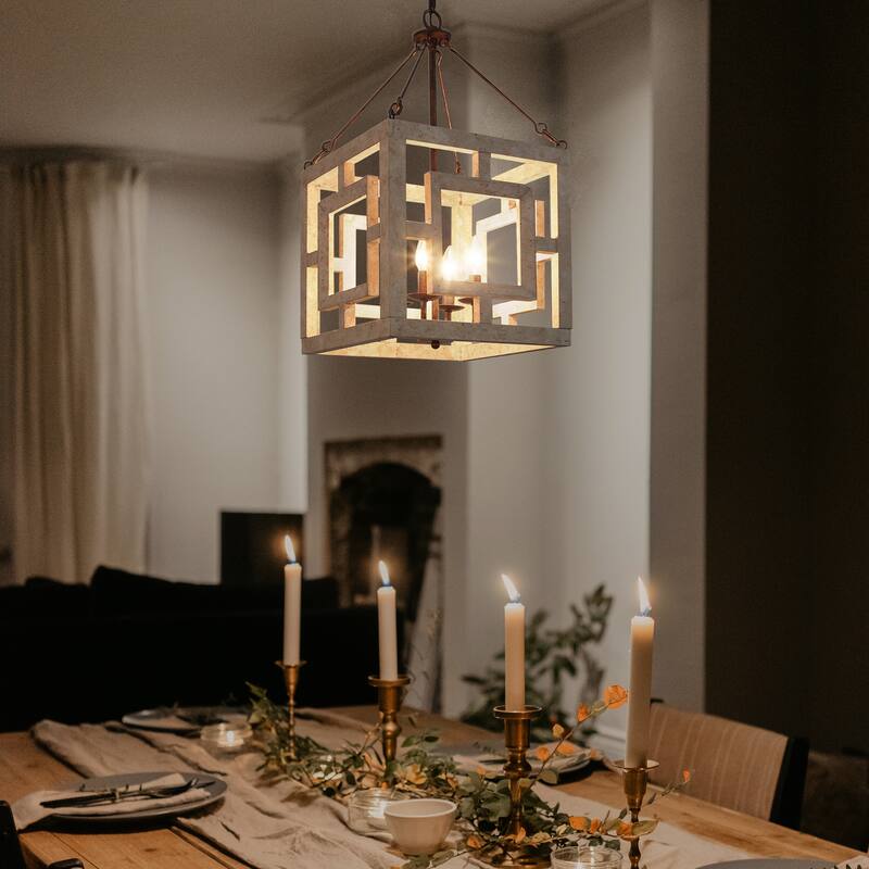 Duull Farmhouse 4-Light Wood Rustic Square Chandelier for Kitchen Island - 14" L x 14" W x 26" H
