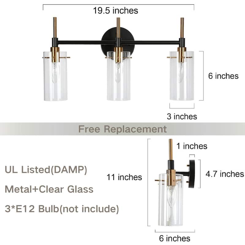 Alva Black Gold Modern Vanity Lights 3-Light Cylinder Clear Glass Shades Bathroom Light Fixture Wall Sconce