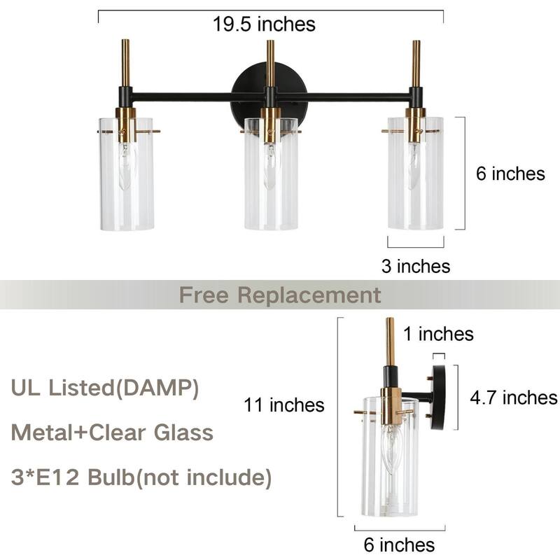 Modern Black Gold Bathroom Vanity Light Dimmable Wall Sconces with Cylinder Clear Glass