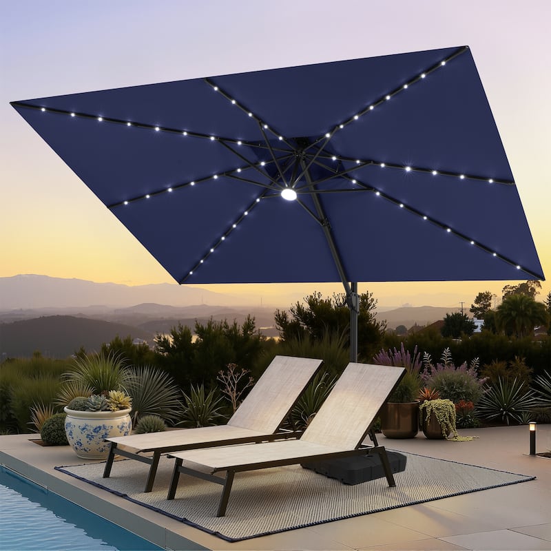 12 x 9 FT Outdoor Patio Cantilever Umbrella with Solar Lights Double Canopy 360 Rotation Tilt with Wheel Base - NavyBlue