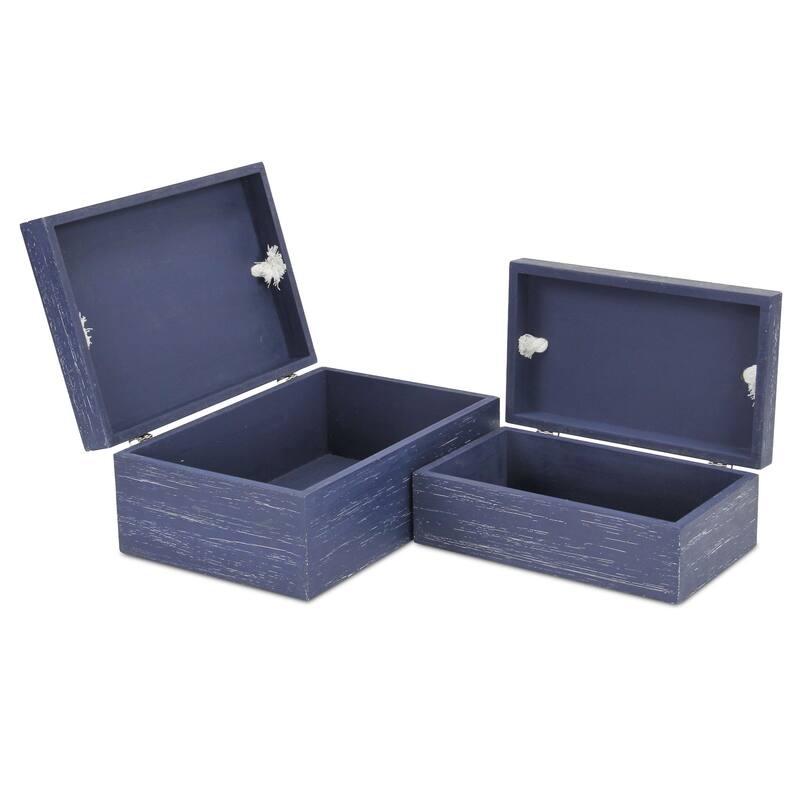 Set of 2 White and Blue Rectangular Storage Boxes 11.75"