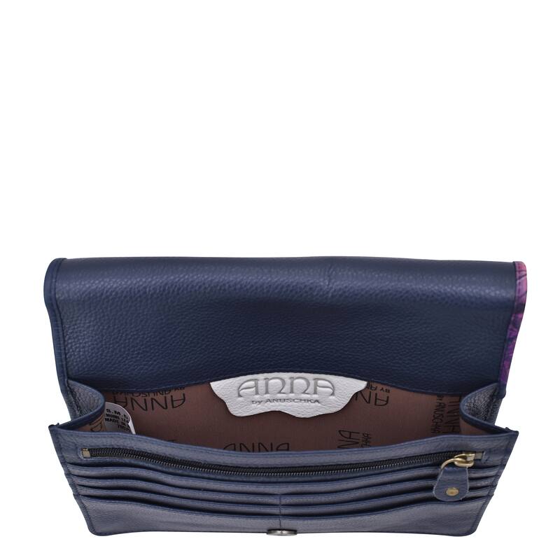 Handpainted Leather Ladies Two Fold Wallet On a String - Magical Wings Navy