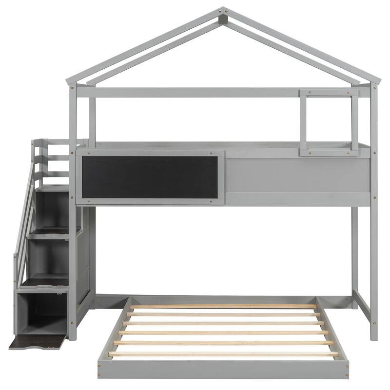 Twin over Full Bunk Bed with Storage Stairs and Blackboard, Gray
