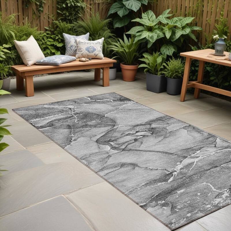 Lalu Artistic Abstract Weather Resistant Blended Style Outdoor Rug - 8' Runner - Multi