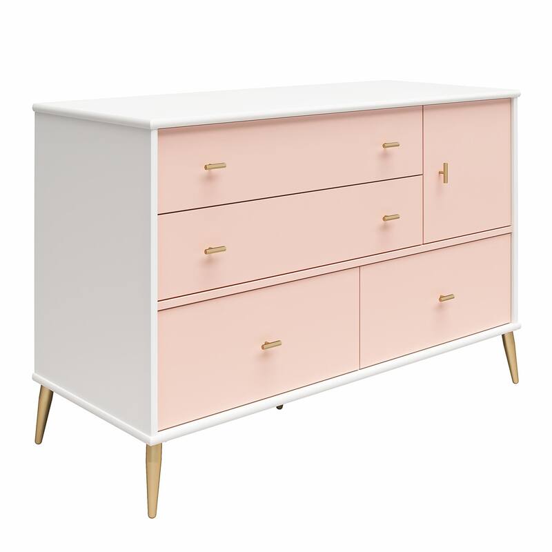 Little Seeds Valentina Asymmetrical 4 Drawer / 1 Door Convertible Dresser - White/ Pink