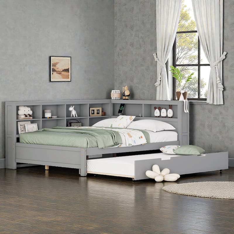 Twin/Full Wooden Daybed with Twin Trundle, Storage Shelf, USB Charging Ports, Slat Support, Space-Saving Design