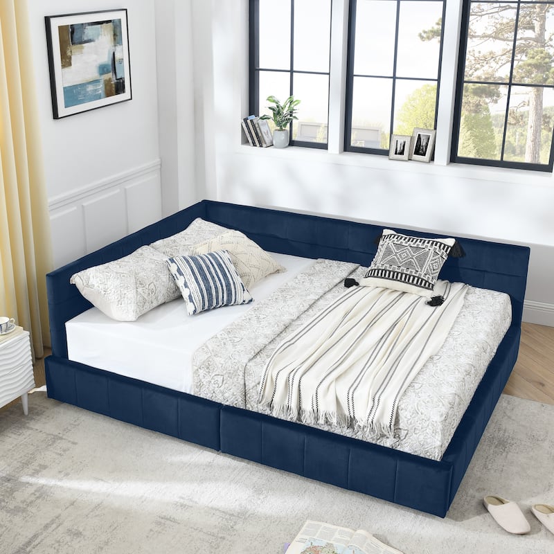 Full Size Daybed Grounded Bed Velvet Upholstered Tufted Bed Frame with L-shaped Backrest & Armrests for Livingroom or Bedroom