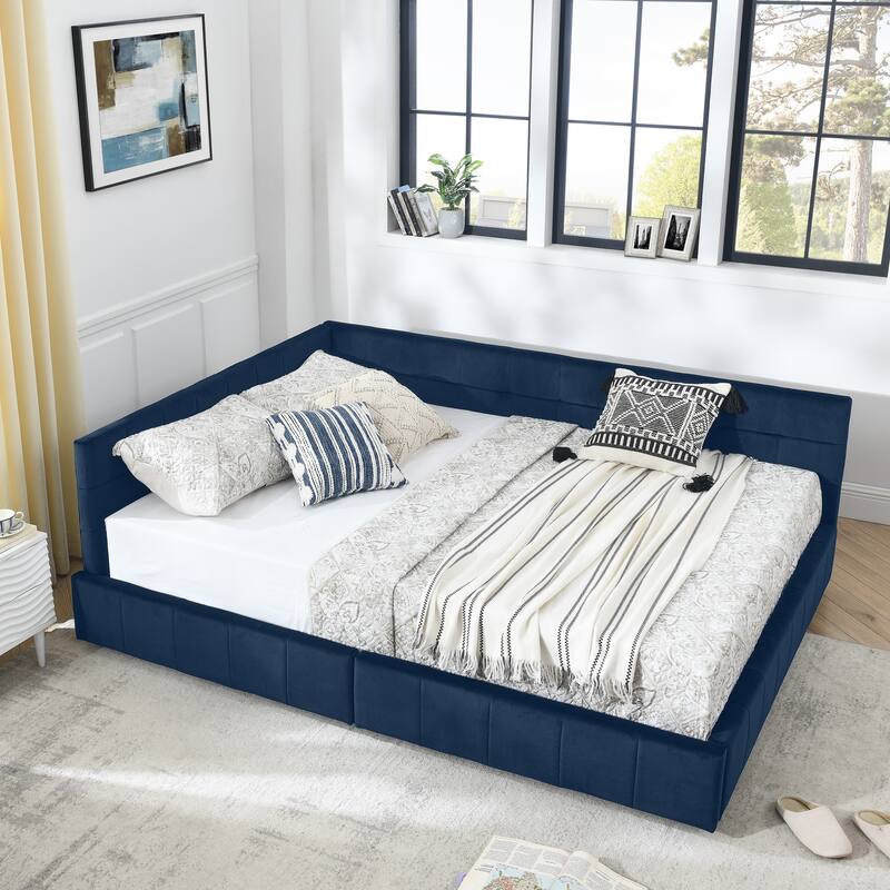 Queen Size Tufted Upholstered Daybed with 2 Drawers, Velvet Fabric Queen Sofa Bed Frame with L Shaped Backrest and Armrests