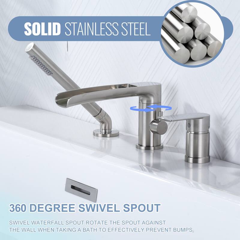 WOWOW Deck-Mount Waterfall Tub Faucet-Silicone Hand Shower