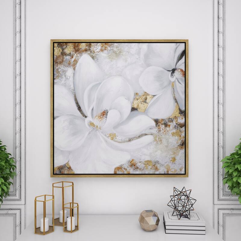 Canvas Floral Handmade Living Room Framed Wall Art with Gold Frame - White - Roche River Decor