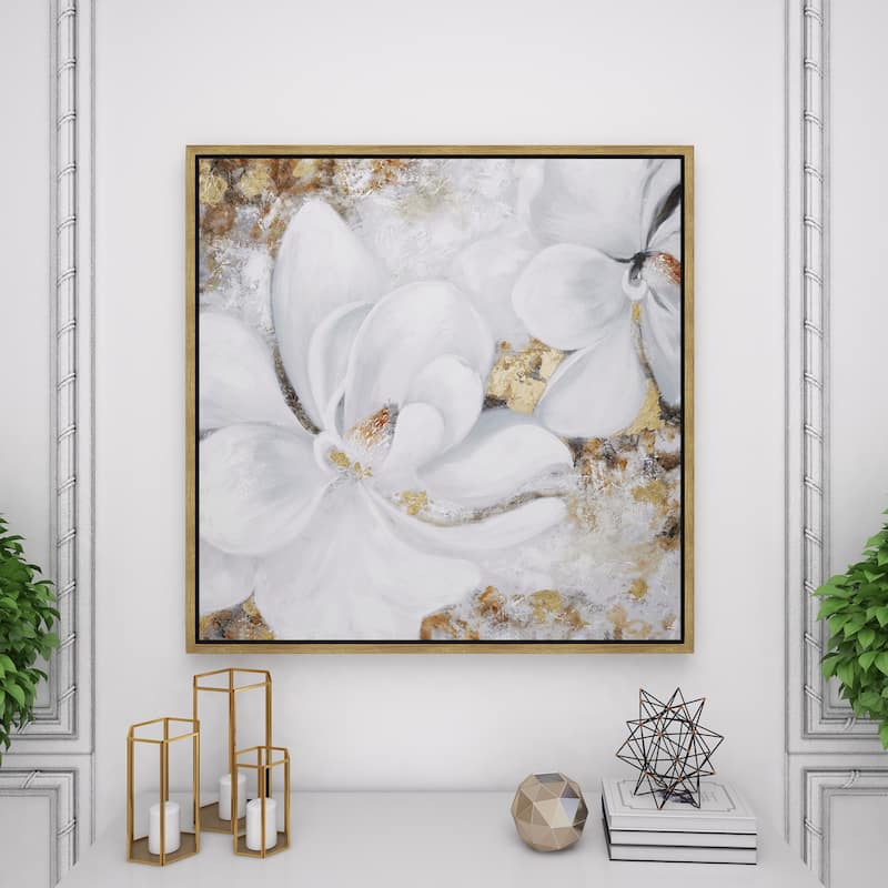 White Canvas Handmade Floral Framed Wall Art with Gold Frame