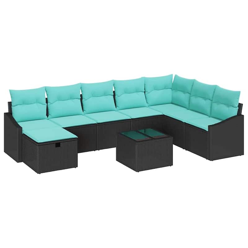 vidaXL 8/9 Piece Garden Sofa Set with Cushions Black Poly Rattan - 113.6×70.3×27.2