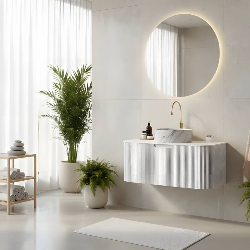 Floating Bathroom with Round Ceramic Basin and Storage Drawer