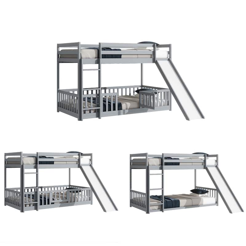 Twin Over Twin Floor Bunk Bed with Slide and Convertible 3-Way Design Safety Door & Guardrails (250lb Capacity)