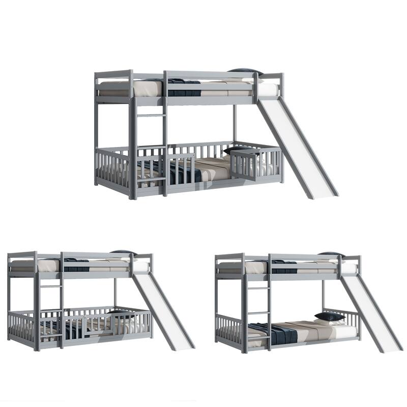 Twin Over Twin Low Pine Wood Bunk Bed with Guardrails, Slide and Ladder for Kids, No Slats Toddler Floor Bed with Fence and Door