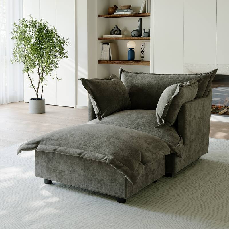 39"W Oversized Chenille Comfy Cloud Chaise Lounge with Ottoman - Grey