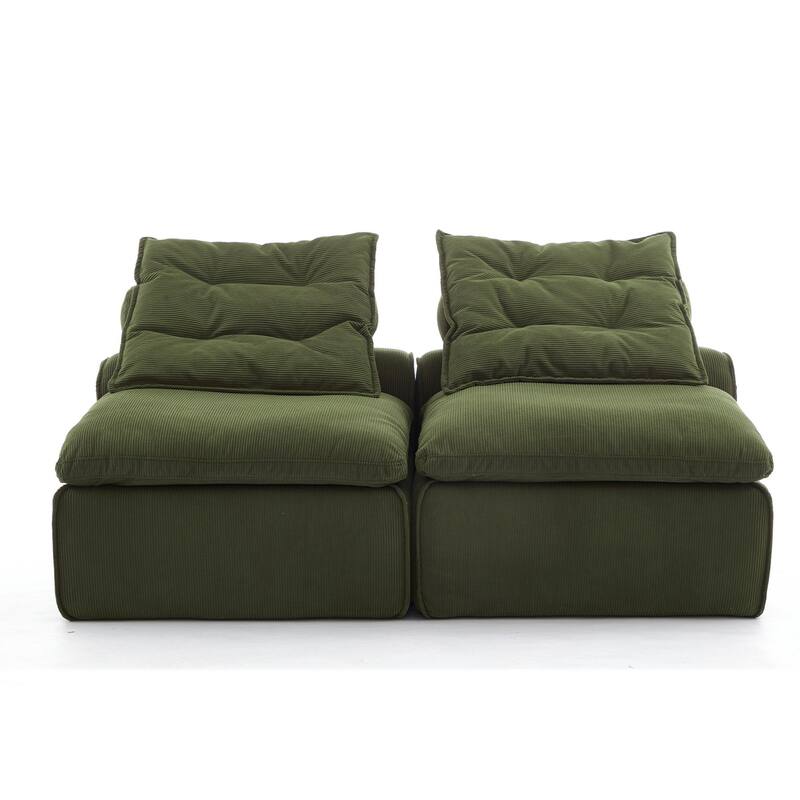 Modular 2-Seat Upholstered Green Sofa, DIY, Corduroy, with Neck & Lumbar Pillows