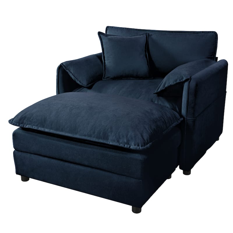 57.48" Recliner Chair with Movable Ottoman, Blue Chenille Upholstered Indoor Lounge Chair