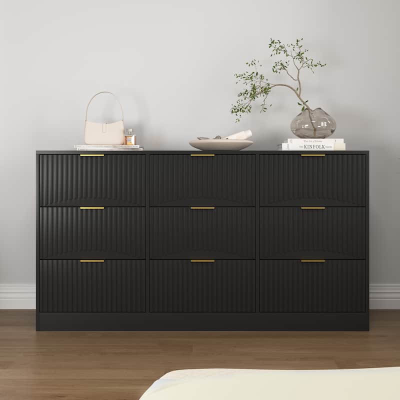 9 Drawer Dresser, 63" Large Deep Chest of Drawers, Wooden Dresser Storage Cabinet with 9 Drawers for Bedroom, Long Dressers - Black