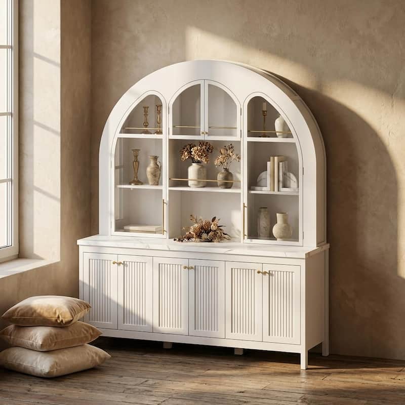 63" Arched Display Cabinet with LED Lights, Modern Buffet Sideboard with Glass Doors, Large Storage Credenza Bookshelves - White