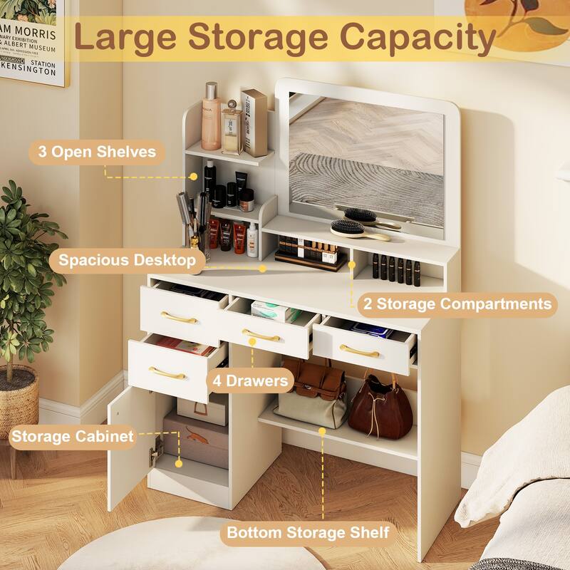 Gymax 39.5'' Modern Makeup Table Vanity Desk w/ Power Outlets & Open