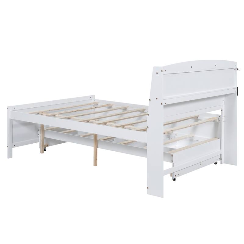 White Full Size Storage Platform Bed with LED Headboard, Twin Trundle and 3 Drawers