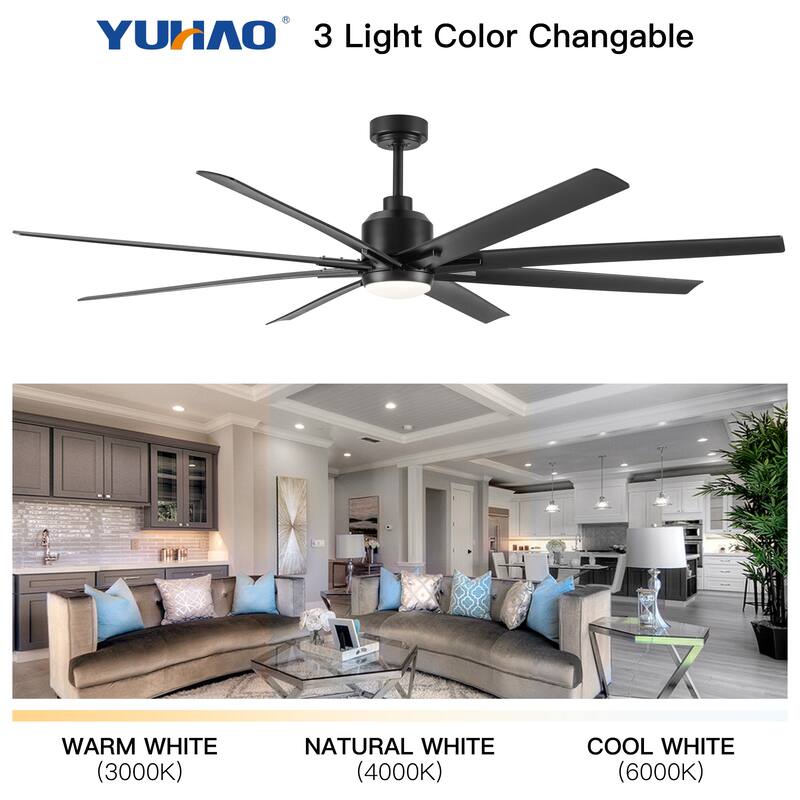 YUHAO Modern 72 inch Outdoor/Indoor Windmill Integarted LED Large Ceiling Fan Lighting with DC Motor,Remote Control