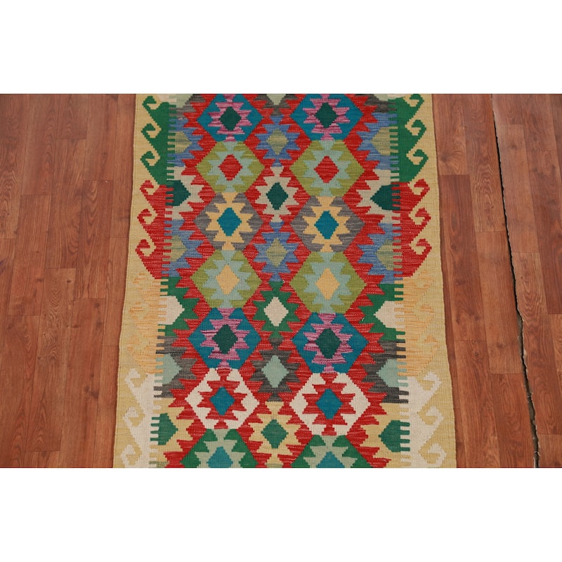 Hand Woven Oriental 100% Wool Carpet Southwestern Geometric Multi-Colored Kilim Runner Rug - 12' 11'' X 2' 9''