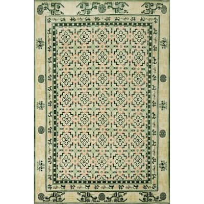 Hand-knotted Traditional Wool Beige Geometric Oriental Area Rug - 12' 1'' X 9' 0''
