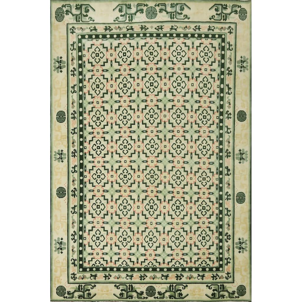 Hand-knotted Traditional Wool Beige Geometric Oriental Area Rug - 12' 1'' X 9' 0''