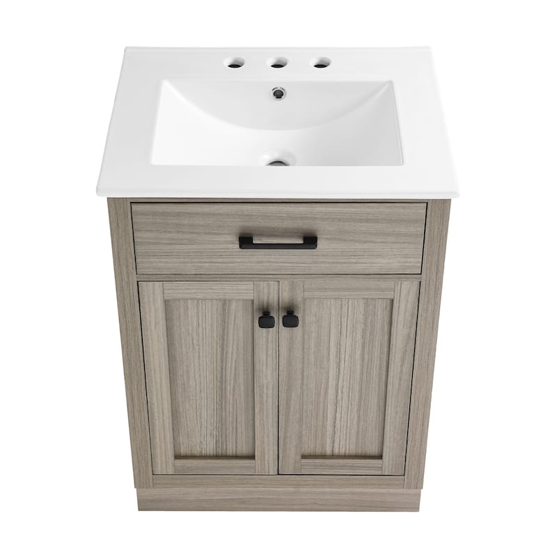 Burdon 24 In. Brown Oak Bathroom Vanity With White, 3-Hole Ceramic Sink Top