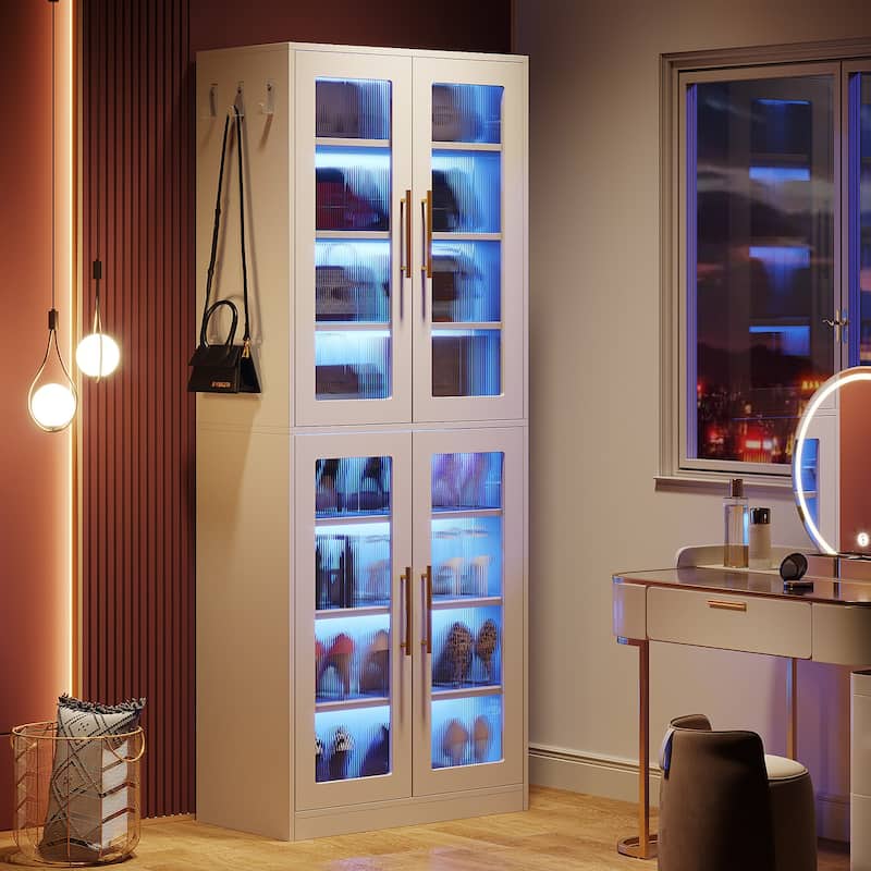 Modern Tall Entryway Shoe Storage Cabinet with Acrylic Doors and LED Light - 8-Tier