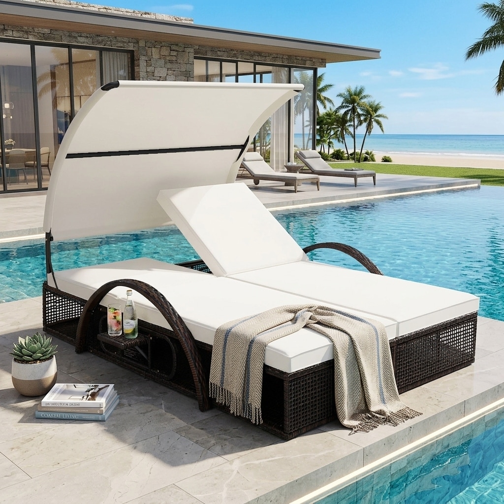 Double Outdoor Sun Lounger with Adjustable Backrest & Hidden Side Table by Leisure Zone